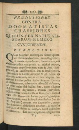 Praenotiones Contra Dogmatistas Crassiores Qui Sunt Ex Naturalistarum Numero Custodiendae