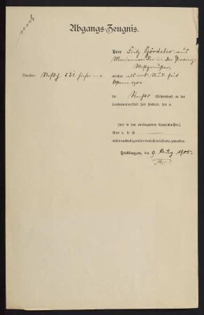 Abgangszeugnis 9. August 1905