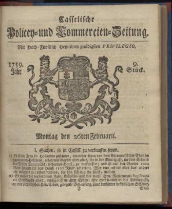9. Stueck, Montag den 26ten Februarii 1759
