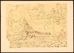 Haus am See, Badeh auf Sumatra: Perspektivische Ansicht (Durchzeichnung nach Illustrirte Zeitung, 1874, No. 1845)