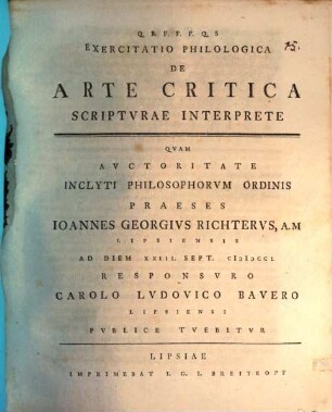 Exercitiatio Philologica De Arte Critica Scriptvrae Interprete