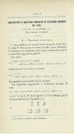 Solution de la question proposée au concours général de 1890.