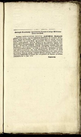 Gnädigste Verordnung, den Debit der Waaren in hiesiger Wollmanufactur betreffend : Zweybrücken den 14 Jan. 1772