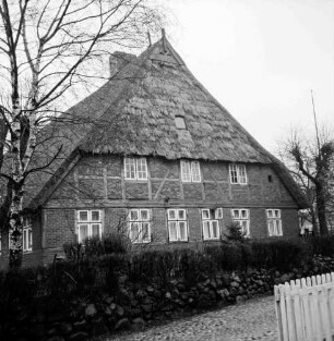 Bauernhaus mit Reetdach: davor Hecke: links Baum: vorn rechts Stakettenzaun