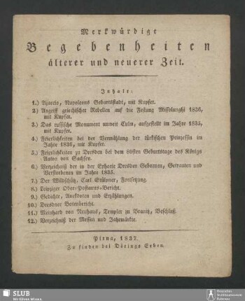 1837: Merkwürdige Begebenheiten älterer und neuerer Zeit