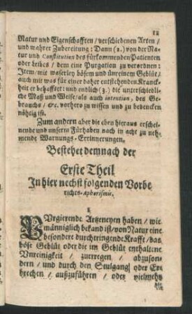 Bestehet demnach der Erste Theil In hier nechst folgenden Vorberichts-Aphorismis.
