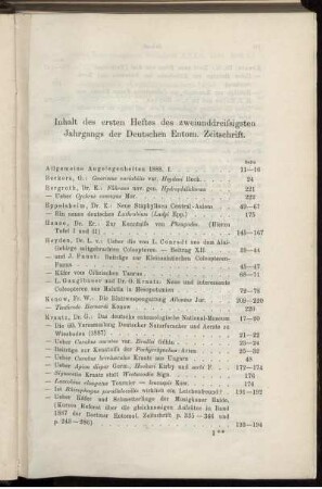 Inhalt des ersten Heftes des zweiunddreissigsten Jahrgangs der Deutschen Entom. Zeitschrift.