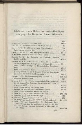 Inhalt des ersten Heftes des zweiunddreissigsten Jahrgangs der Deutschen Entom. Zeitschrift.