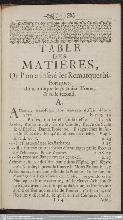 Table Des Matieres, Ou l' on a inferé les Remarques historiques