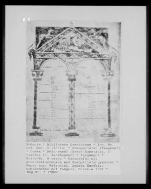 Evangelistar — Kanontafel mit Architekturrahmen und Evangelistensymbolen, Folio 8 verso