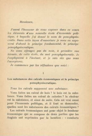 I Les substances des calculs économiques et le principe ponophysiocratique.