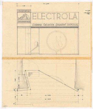 Fachgeschäft Electrola, Berlin: Ansicht und Grundriss Schaufenster 1. OG