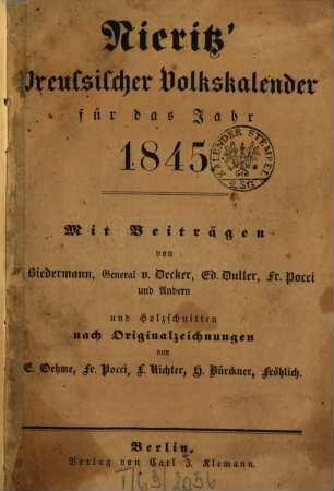 Nieritz' Preußischer Volkskalender : für das Jahr ..., 1845