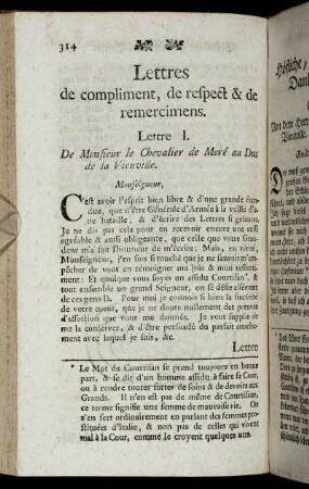 Lettres de compliment, de respect & de remercimens. = Höfliche, Empfehlungs- und Danksagungs-Briefe.