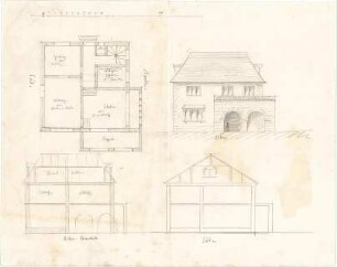 Hildebrand, Adolf von; Tegernsee; Landhaus Konrad Fiedler - Sommerhaus (Grundriss), Ost - u. Südseite (Ansichten), Ostseite (Querschnitt)