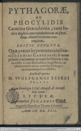 Pythagorae ac Phocylidis carmina : graeca-lat.
