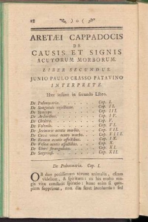 Aretaei Cappadocis De Causis Et Signis Acutorum Morborum Liber Secundus