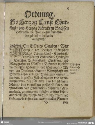 Ordnung. So Hertzog Ernst Churfürst, und Hertzog Albrecht zu Sachssen Gebrüdere, [et] c. Von wegen mancherley gebrechen im Lande auffgericht