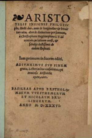 Libelli duo, de longitudine et brevitate vitae