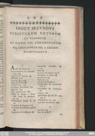 Index Secundus Scriptorum Veterum Et Verborum In Notis Vel Emendatorum Vel Explicatorum Vel A Librariis Permutatorum