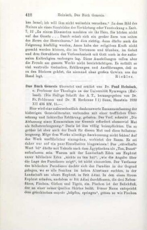 418-420 [Rezension] Heinisch, Paul, Das Buch Genesis