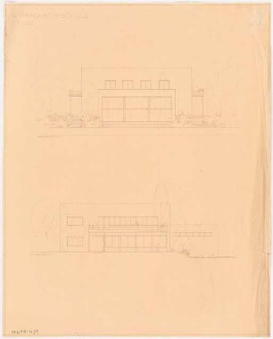 Gymnastikschule am See Monatskonkurrenz Dezember 1932: Aufriss Vorderansicht, Seitenansicht 1:100