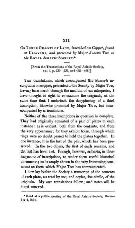 XII. On Three Grants Of Land, inscribed on Copper, found at Ujjayani, and presented by Major James Tod to the Royal Asiatic Society