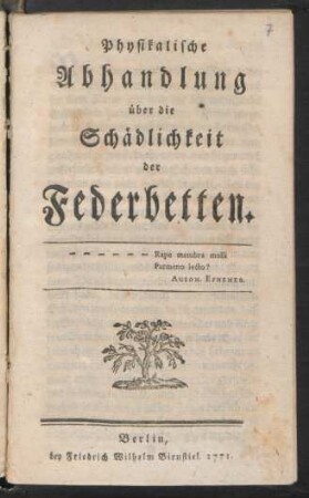 Physikalische Abhandlung über die Schädlichkeit der Federbetten