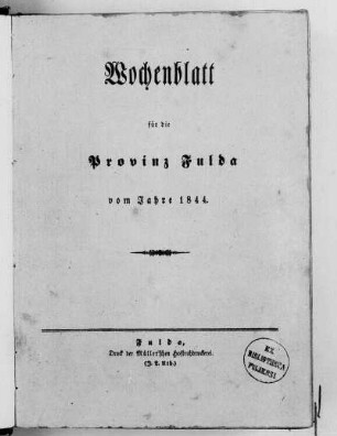 1844: Wochenblatt für die Provinz Fulda