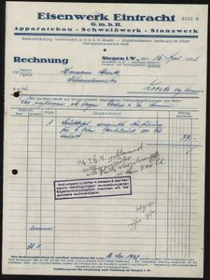 Eisenwerk Eintracht (Rechnung)