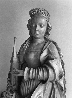 Die Heilige Barbara : Die Heilige Barbara. Holz, gschnitzt (um 1501/1515). Hüftstück. Obervellach, Pfarrkirche Sankt Martin, Chor