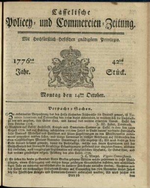 42tes Stueck, Montag den 14ten October 1776