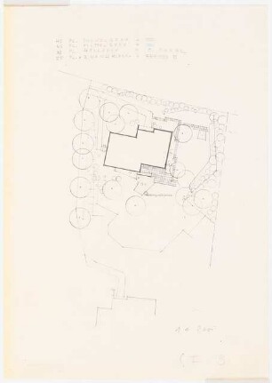 Grünflächen an der Wohnanlage des SFB Am Rupenhorn 4, Berlin-Westend: Haus B: Lageplan mit Gartenplan und Plattenwegen 1:200