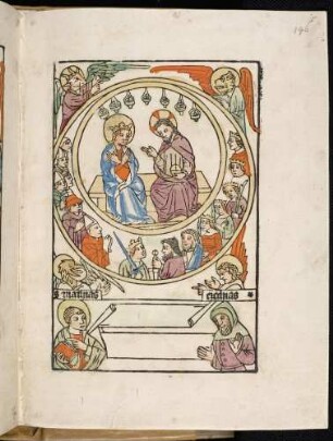 Fürbittende Maria neben Christus dem Weltenrichter, Chor der Seligen (Päpste, Kardinal, König, Märtyrer und Märtyrerinnen mit Palmwedeln), vier himmlische Wesen; Mathias, Ezechias.