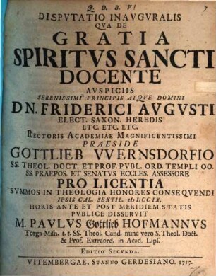 Disp. inaug. qua de gratia Spiritus S. docente ... disseruit