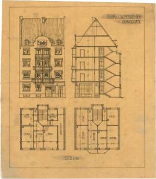Billing, Hermann; Karlsruhe, Gerwigstr. 35; Haus Wilhelm Pfrommer - Grundrisse; Ansicht; Querschnitt