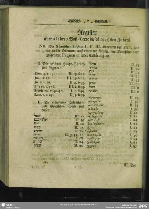 Register über alle drey Buß-Texte dieses 1738sten Jahres