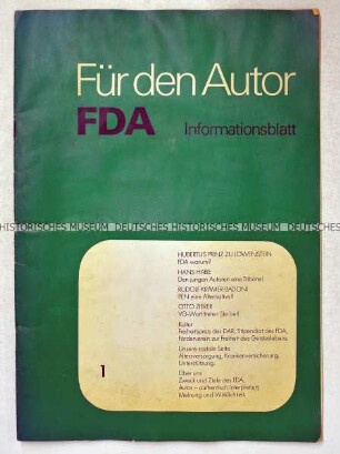 Erstes Informationsheft des Freien Deutschen Autorenverbandes (FDA) u.a. zu den Zielen des neugegründeten Berufsverbandes