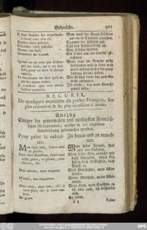 Recueil De quelques manières de parler François, les plus ordinaires, & les plus nécessaires à savoir. Auszug Einiger der gemeinesten und nöthigsten Französischen Redensarten, welche in der täglichen Unterredung gebraucht werden.