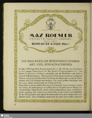 Die Max Roesler Feinsteingutfabrik Akt.-Ges., Rodach (Coburg)