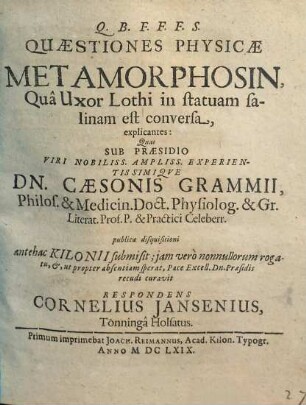 Quaestiones Physicae Metamorphosin, Qua Uxor Lothi in statuam salinam est conversa, explicantes