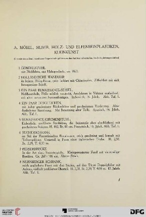 A. Möbel, Silber, Holz- und Elfenbeinplastiken, Kleinkunst (Nr. 1-89)