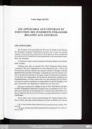 Vedat Raşit Sevıg Loi Applicable Aux Contrats Et Exécution Des Jugements Étrangers Relatifs Aux Contrats