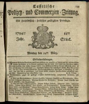 12tes Stueck, Montag den 24ten Maerz 1794
