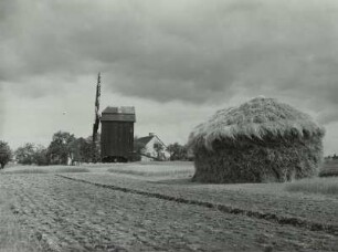 Falkenhain. Windmühle. Feldansicht, im Vordergrund Heumiete