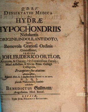 Diss. med. de hydrae in hypochondriis nidulantis origine, indole, antidoto