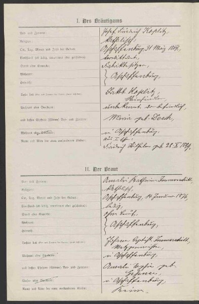 Ausstellung eines Verehelichungszeugnisses an den in Frammersbach
                     wohnenden Kaufmann Joseph Friedrich Koplitz - Verehelichung mit der
                     Restaurateuerstochter Anna, geb. Weisberger, aus Frankfurt / Main, 1898,
                     Verehelichung mit der Metzgermeisterstochter Amalie Katharina, geb.
                     Immerschitt, aus Aschaffenburg, 1902, Bürgerrechtsverleihung, 1902