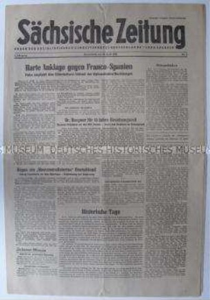 Tageszeitung der SED Sachsen "Sächsische Zeitung" u.a. zur Vorbereitung des Vereinigungsparteitages von KPD und SPD