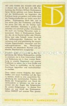 Programmheft zu den aktuellen Kammerspielen des Deutschen Theaters, u.a. mit Pressestimmen zu dem Stück "Schau heimwärts, Engel!" und einem beigelegten Theaterzettel zum selben Stück