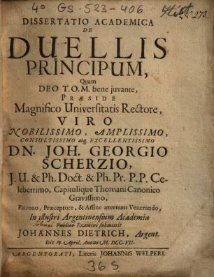 Dissertatio Academica De Duellis Principum